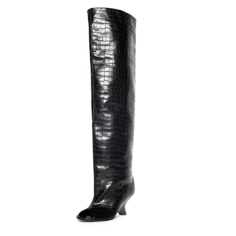 2025 European AndAmerican Nichedesign Versatileopen Toe Long Tube Cool Boots for Women, Crocodile Patterned Irregular High Heels