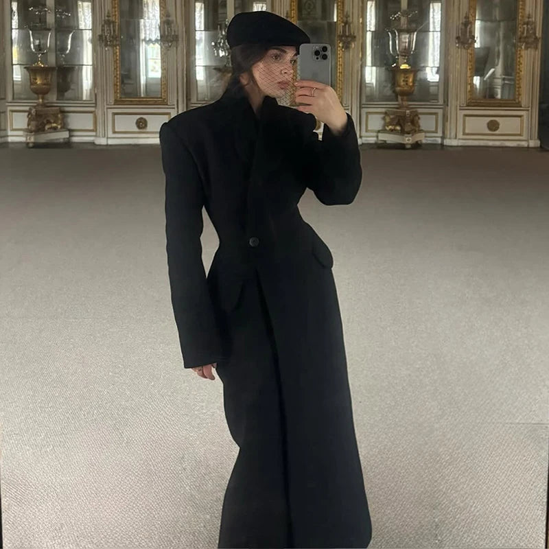 Elegant Long Coat Women V-neck Solid Slim Single-breasted Waist-closed Jackets Lady 2026 Spring Chic Female Streetwear