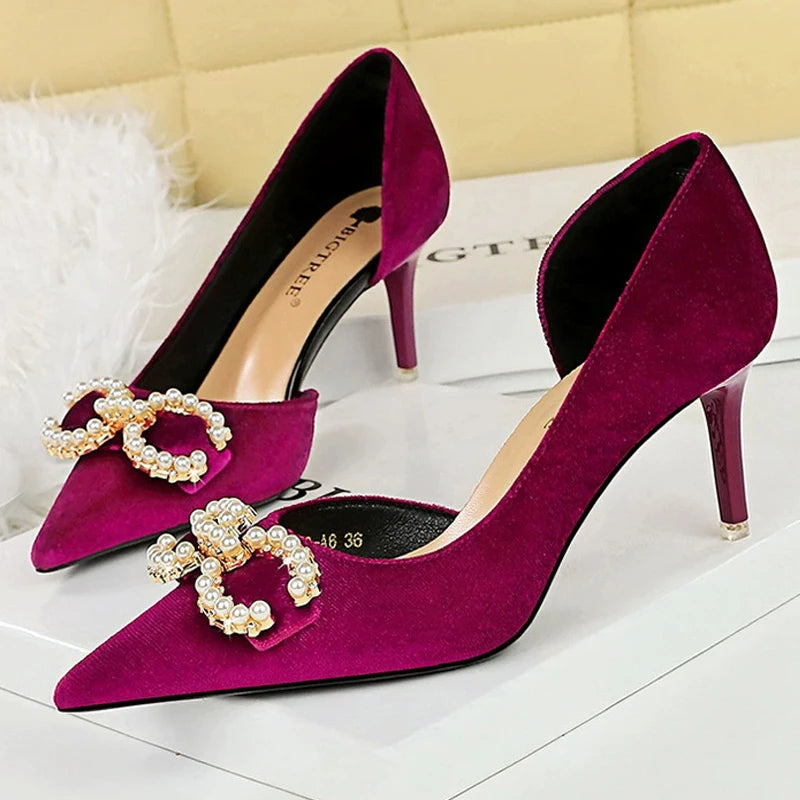 BIGTREE Shoes 7 cm Kitten high heels Rhinestone buckle Pearl Design Women Pumps Suede Ladies Heels Stilettos Luxury party shoes