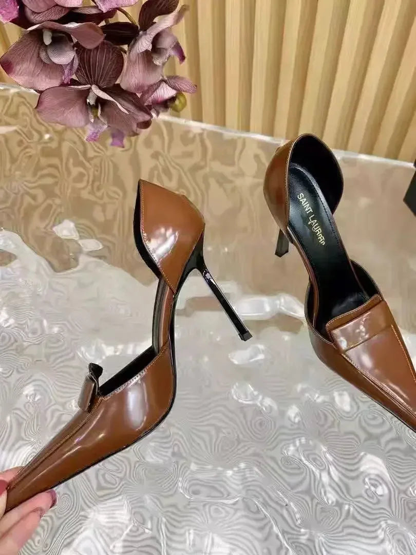 10cm Metal Blade Pointed Toe Stiletto Heels Pumps Coffee Brown Retro Fashion Dress Shoes Woman Thin High Heels Designer