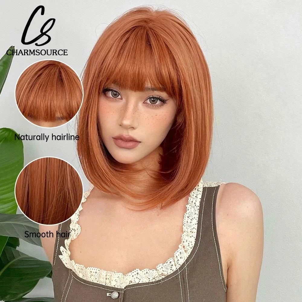 Copper Ginger Short Bob Straight Synthetic Wig with Bangs Heat Resistant Natural Looking Hair for Women Daily Use Cosplay Party