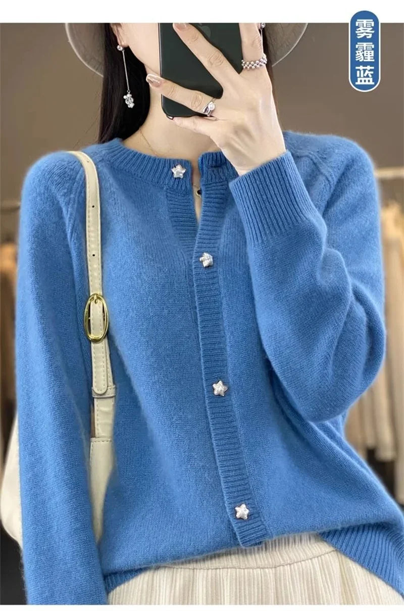 New Women Cardigan Sweater Autumn/Winter Round Neck Star Button Solid Knit Bottoming Shirt Jacket Quality Knitwear Female Tops