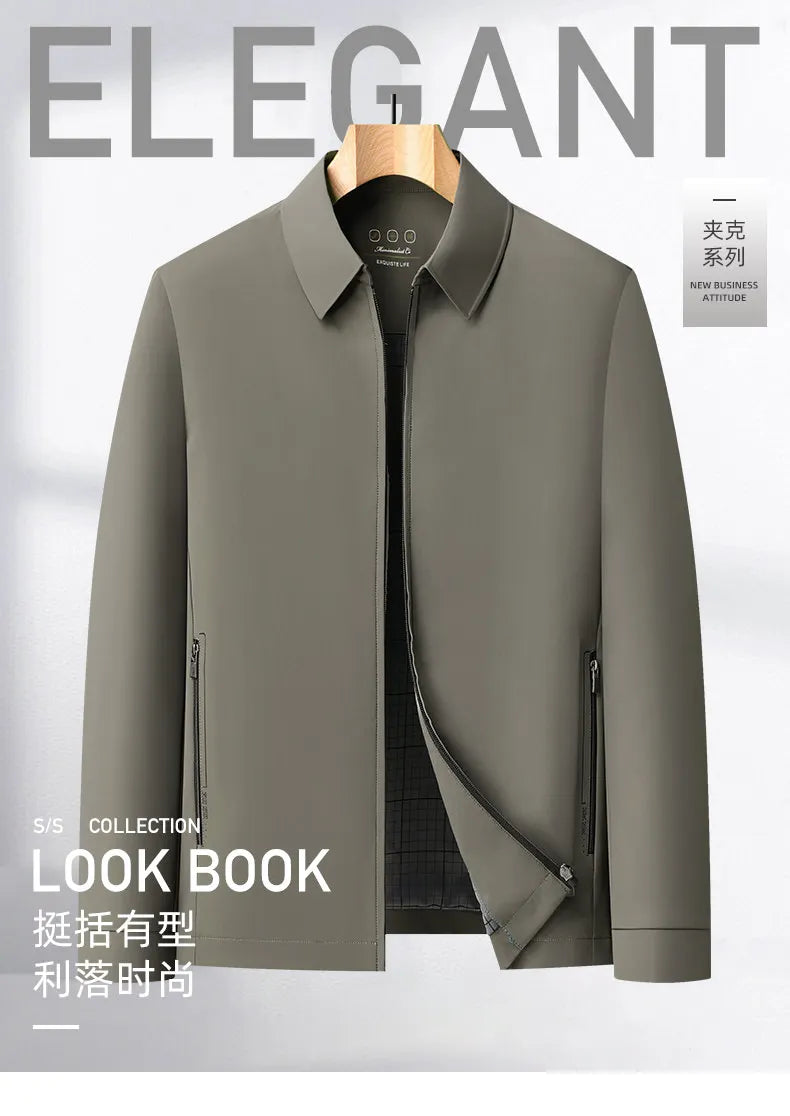 2026 New Men's Spring Lapel Zip-Up Jacket Spandex Fabric Casual Business Outerwear Windproof Anti-Wrinkle Coat