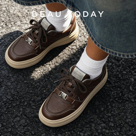 BEAUTODAY Platform Sneakers Women Split Leather Solid Color Metal Decoration Trainers Lace-up Ladies Shoes Handmade 29791