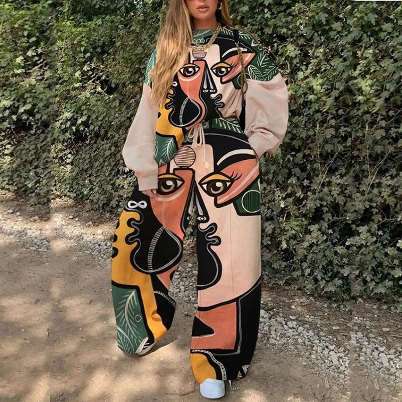 Fashion Print Oversized Tracksuit Suit Women Two Piece Pants Sets Casual Sweatshirt Trousers Streetwear 2 Piece Set Lady Outfit
