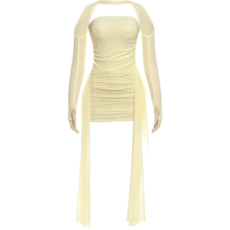 Sisterlinda Mesh Simple Mini Dress Fashion Solid Strapless Ribbons Tassel Body-shaping Vestidos+Seperately Full Sleeve Gloves