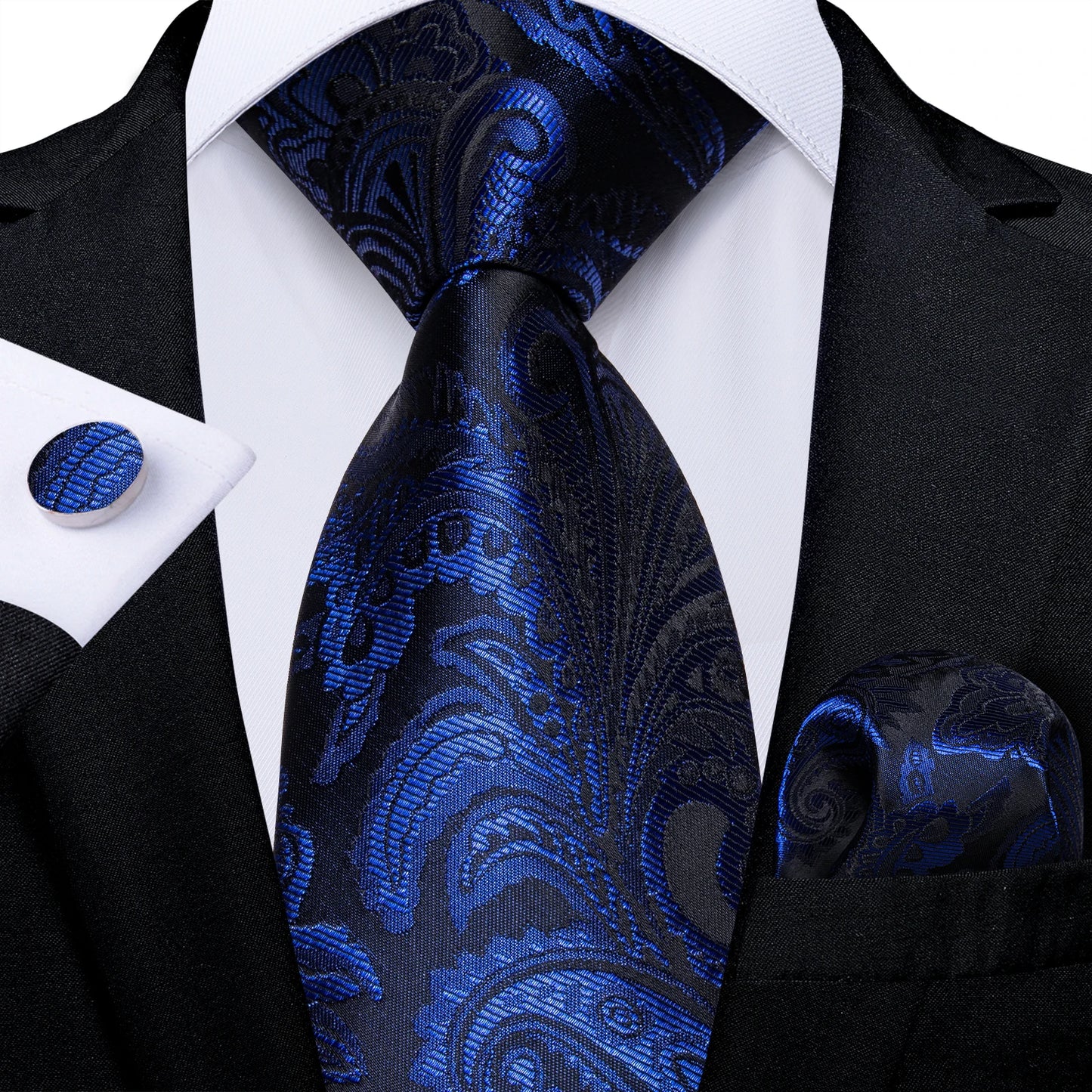 Royal Blue Paisley Plaid Striped Men tie Set with Handkerchief Cufflinks Wedding Prom Groom Accessories Perfect Gift for Men BAZAARHUBO