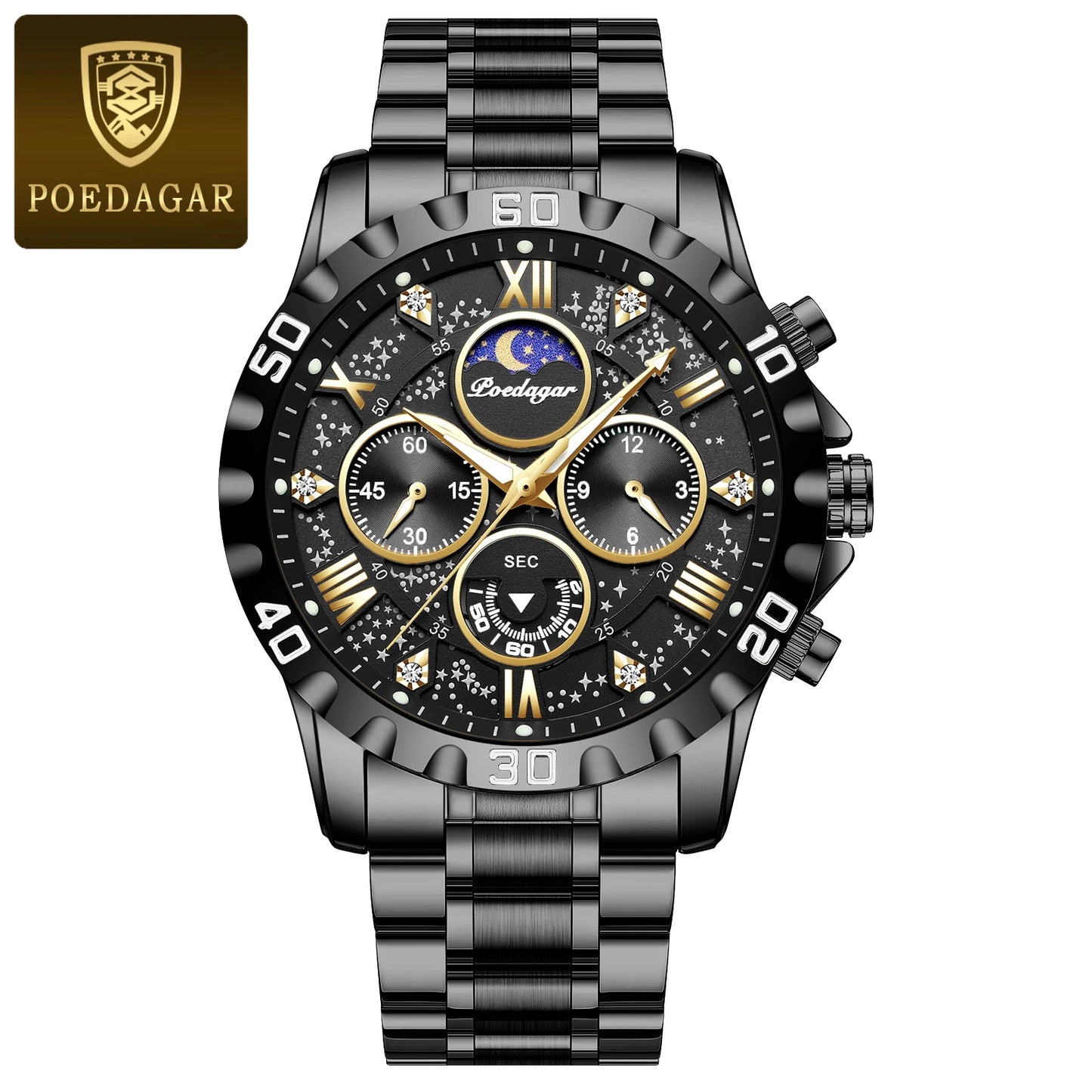 POEDAGAR Trendy Men Watch Chronograph Waterproof Luminous Stainless Steel Man Wristwatch Luxury Business Quartz Watches For Men