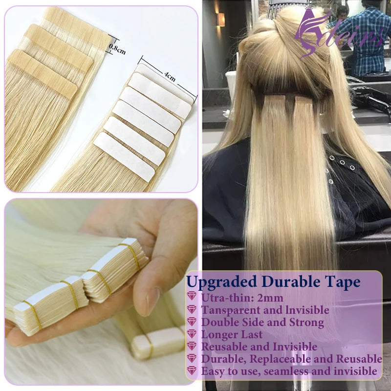 ADEIRS Straight Tape In Human Hair Extensions 100% Real Hair Extensions 16"-24" Black Brown Blonde #613 Invisible Tape In