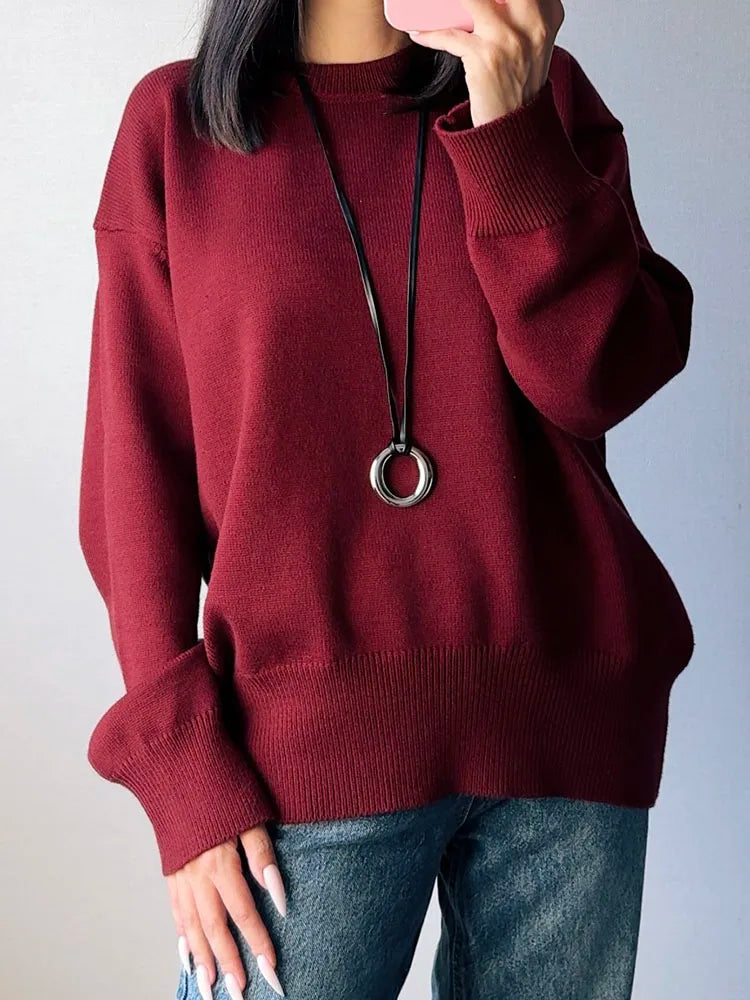 Oversize Burgundy Womens O Neck Knitwear Sweater Warm Winter Pullover