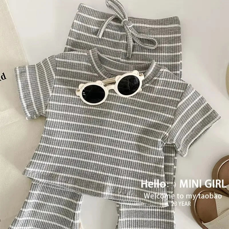 Summer Girls Sets Children's Fashion Striped Suit Kids Short-Sleeved Round Neck Top Trousers 2Pcs Bew Casual Clothing Outfit