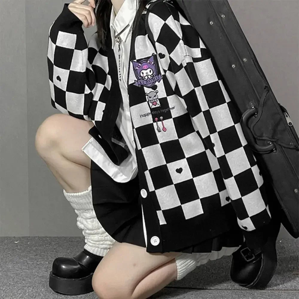 Anime Sanrioed Pompompurin Girls Cardigan Sweater Kawaii Kuromi Cinnamoroll Spring Autumn Knit Coat Loose Sweet Embroidery Tops