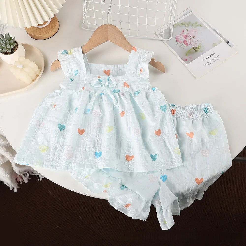 2026 Summer Girls Casual Clothes Set Strap Dress Top Floral Print Shorts Outfits Skin Friendly Playwear 2-8Y Kids Suits