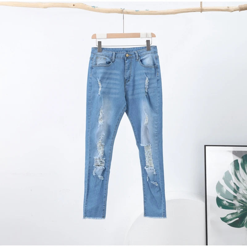 Women Ripped Jeans Low Waist Skinny Denim With Zipper Pockets Blue Y2K Summer