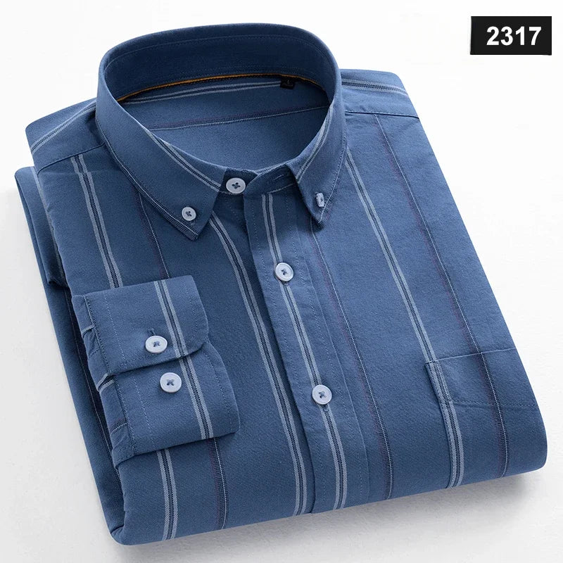 Fashion korean trends casual long-sleeve shirts for men slim fit plain shirt 100%cotton plaid striped tops soft designer clothes