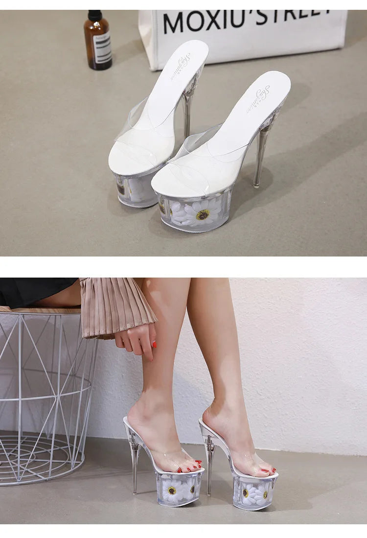 Crystal Transparent Shoes Women 17.5CM Super High Heels Plus Size Nightclub Sandals Clear Thin Heeled Fashion Female Slippers
