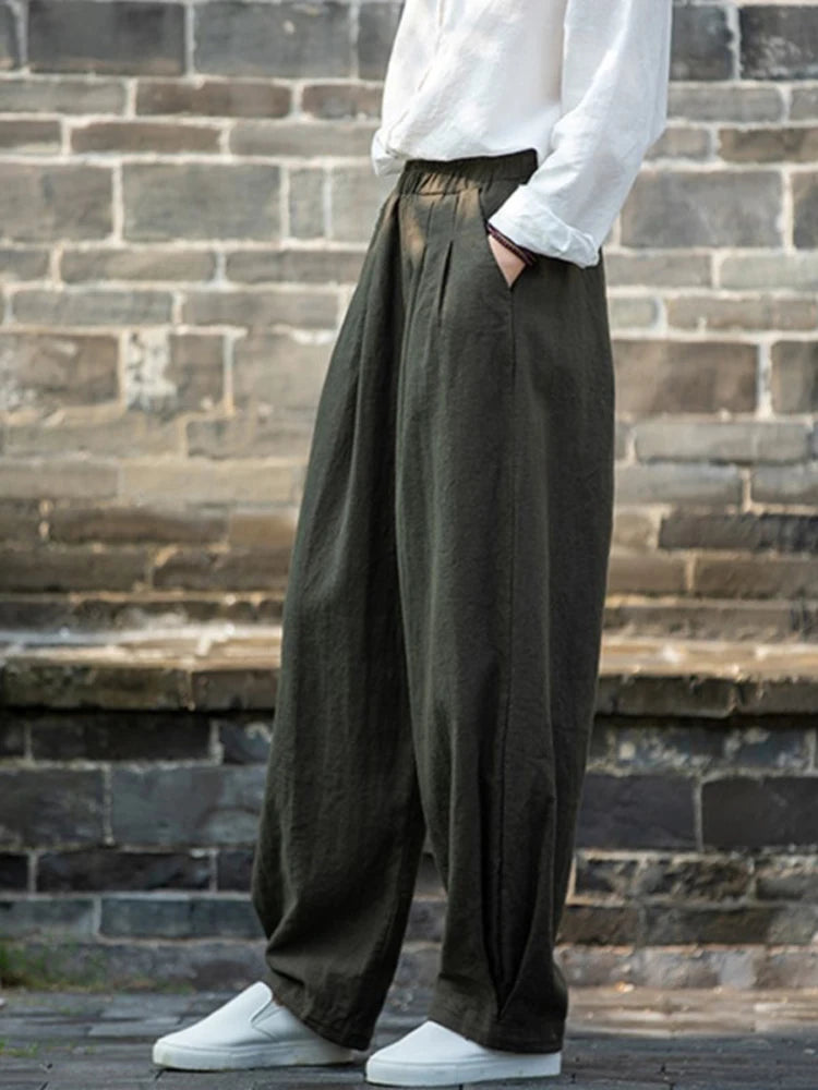 Johnature Women Loose Cotton Linen Casual Pants Solid Color Elastic Waist Lantern Pants 2025 Spring New Female Trousers