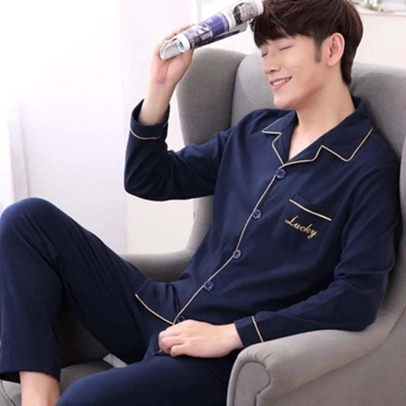Pajamas for Men Spring and Autumn Long-Sleeved Young Men's Simple Casual Lapel Autumn and Winter Home Wear Set