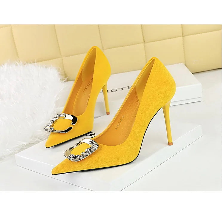 BIGTREE Shoes Metal Rhinestone Belt Buckle Women Pumps Suede High Heels Luxury Banquet Shoes Sexy Party Shoes Women Stilettos