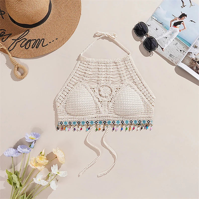 Bohemian Ethnic Style Sexy Knit Backless Short Crop Top For Women Lightweight Hollow Out Crochet Tassels Hem Halter Bras Bustier