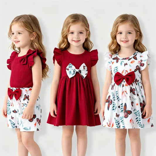 Toddler Girls Summer Outfits 3 Styles Butterfly Print Dress 2Pcs Ruffle Top Shorts Set Kids Casual Clothes