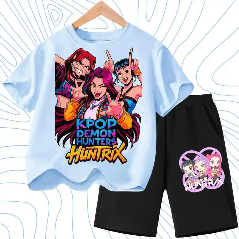 Kids Fashion Outfits Teen Children's O Neck Short Sleeve Tops Shorts 2pcs Summer Girls Casual T Shirt Sets K POP Cartoon Printed