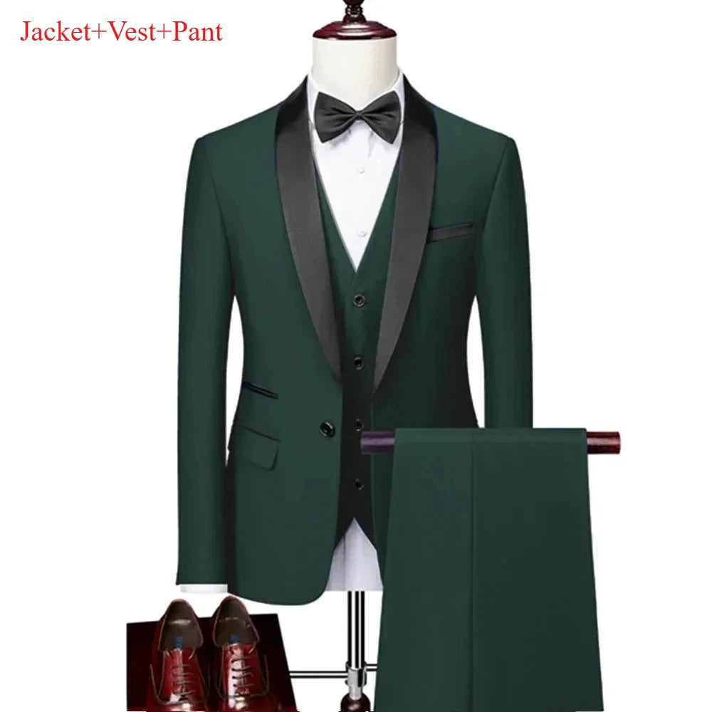 Men's Lapel Black Suit Set Coat Vest Trousers / Business Groomsmen Groom Wedding Dress Fprmal Blazer Pants