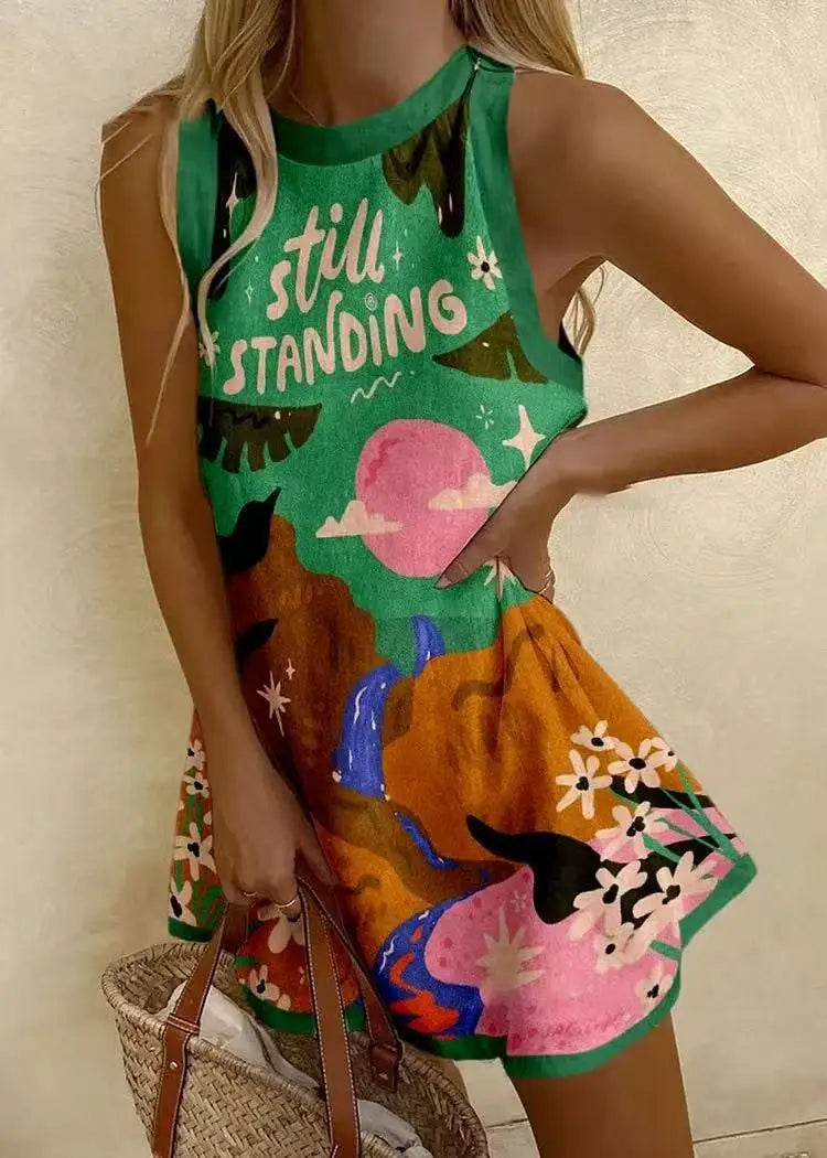 Printed Sleeveless Shirt Dress For Women Round Neck Spring Summer Loose Fit