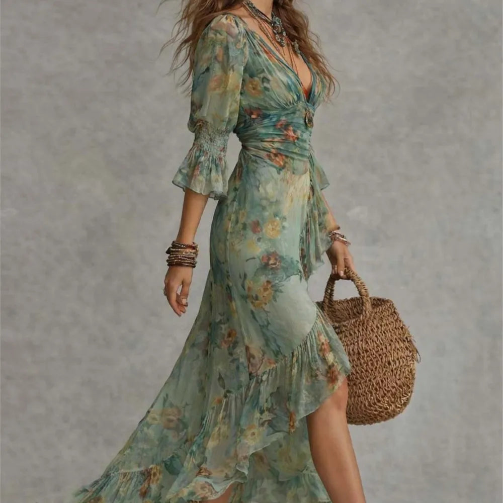 Sexy Elegant Dress For Spring Summer Retro Bohemian Print Holiday Style V-neck Lotus Leaf Sleeve Pleated Slit Irregular Dresses