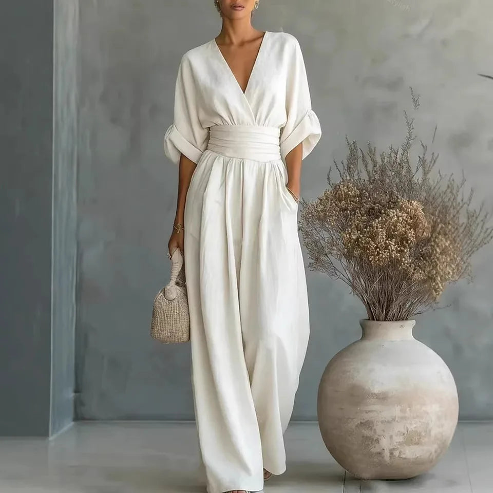 Elegant Solid Jumpsuits Women Shrot Sleeve V Neck Jumpsuit Trousers Wide Leg Pants Rompers Loose Style Belted Leotard Overalls