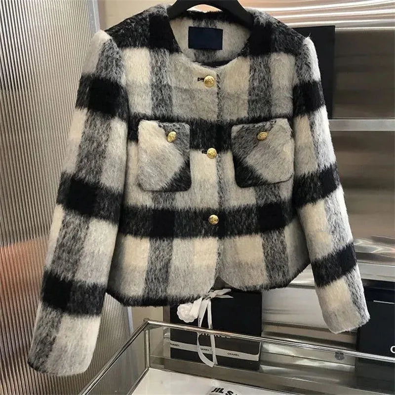 High-grade Women Long Sleeves Woolen Tops Coat Retro Ladies Loose Plaid Woolen Jacket Feminine Fashion Round Neck Short Outerwea