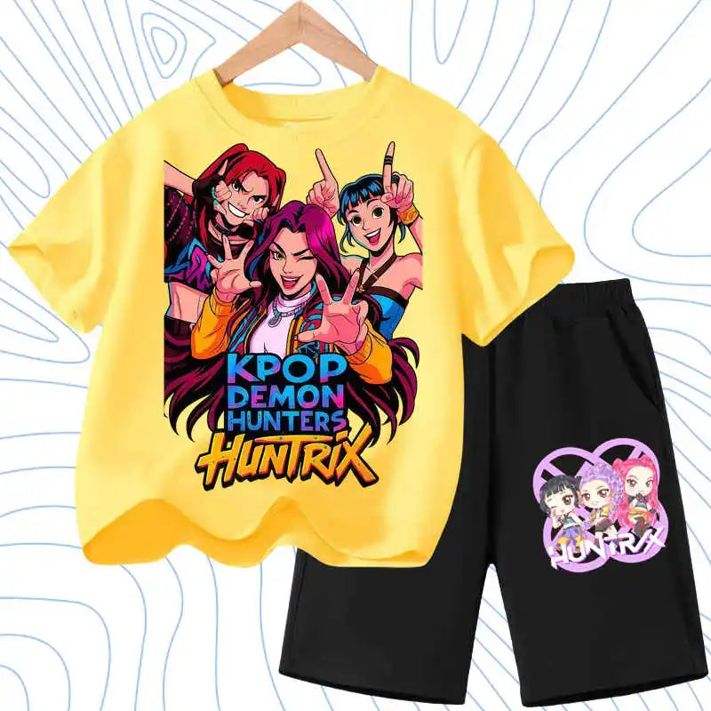 Kids Fashion Outfits Teen Children's O Neck Short Sleeve Tops Shorts 2pcs Summer Girls Casual T Shirt Sets K POP Cartoon Printed