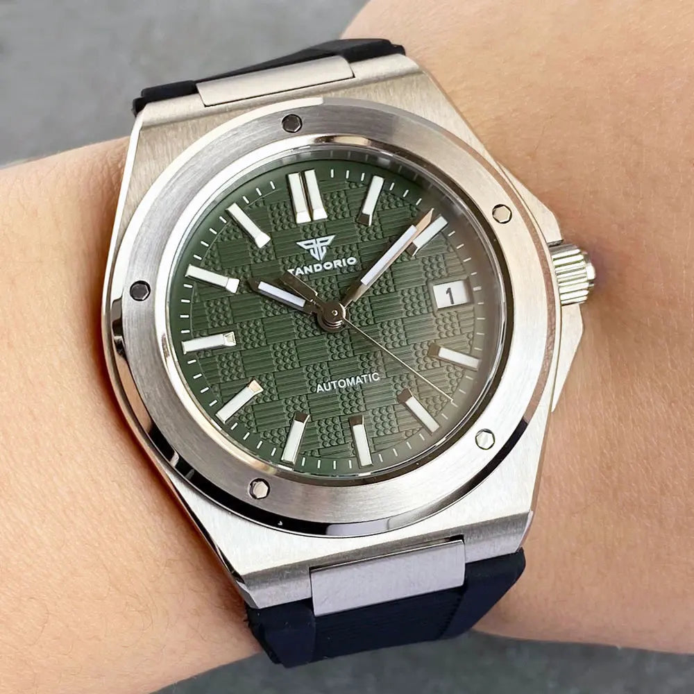 Tandorio NH35 Men Automatic Mechanical Watch Sapphire Crystal Glass 100m Waterproof Green Lume Black Square Block Dial Men Watch