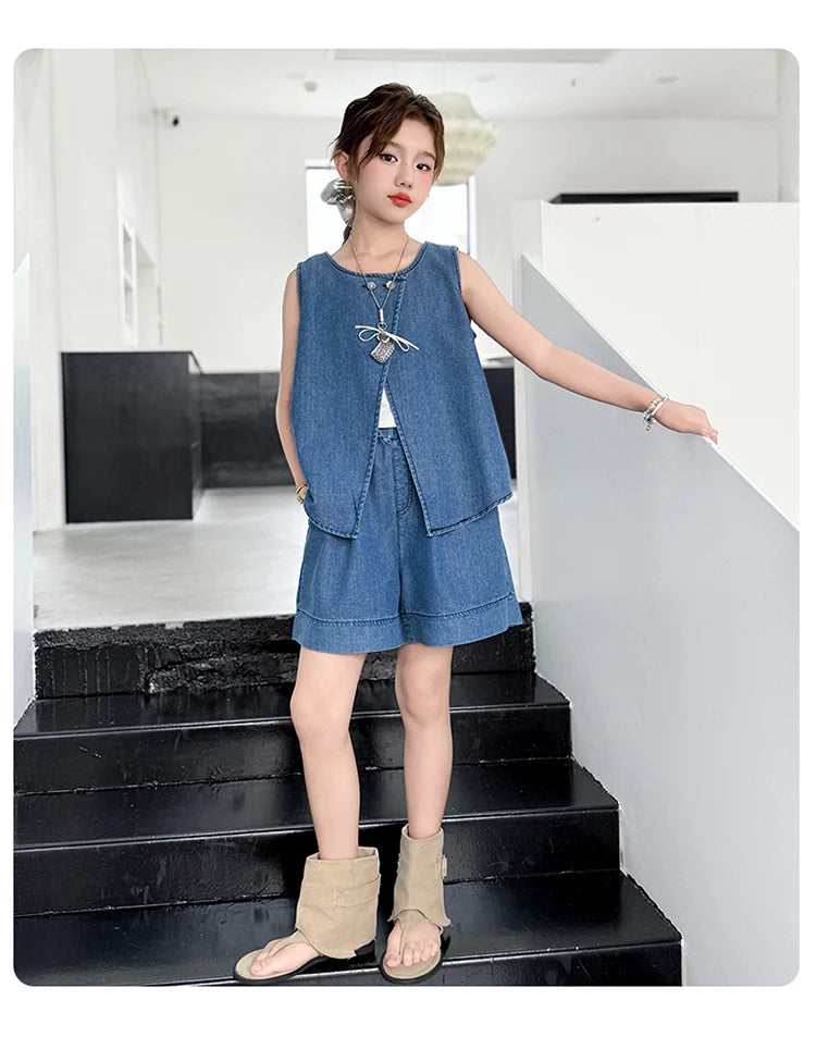 High Fashion Children Summer Denim Suit for Girls Casual Vest + Shorts 2 Piece Clothing Set Kids Trendy Street Outfit Age 5-14 Y