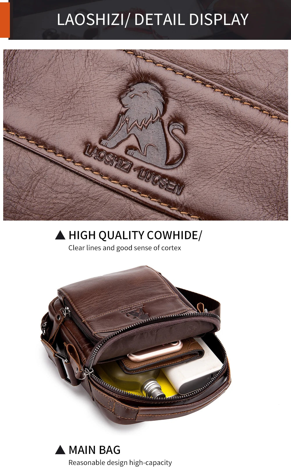 Cowhide men's small shoulder bag with top layer, cowhide single shoulder diagonal cross bag, fashionable and sporty small bag