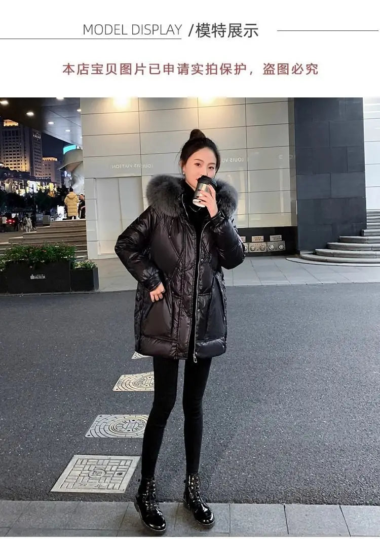 Black Down cotton Jacket Women's 2025 New Korean version Thick fur collar Loose Wash free Winter Coat Female Warm Parka Overcoat