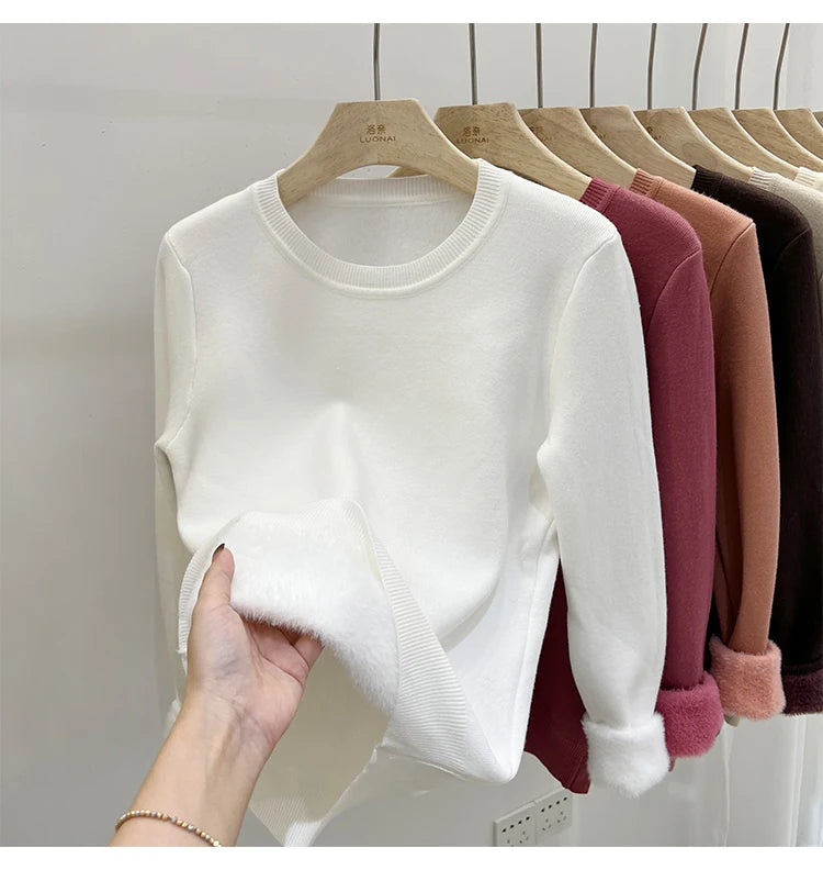 Women's O-neck Velvet Thicken Sweaters Winter Slim Warm Long Sleeve Knitted Tops Casual Plush Fleece Lined Soft Pullovers Ladies