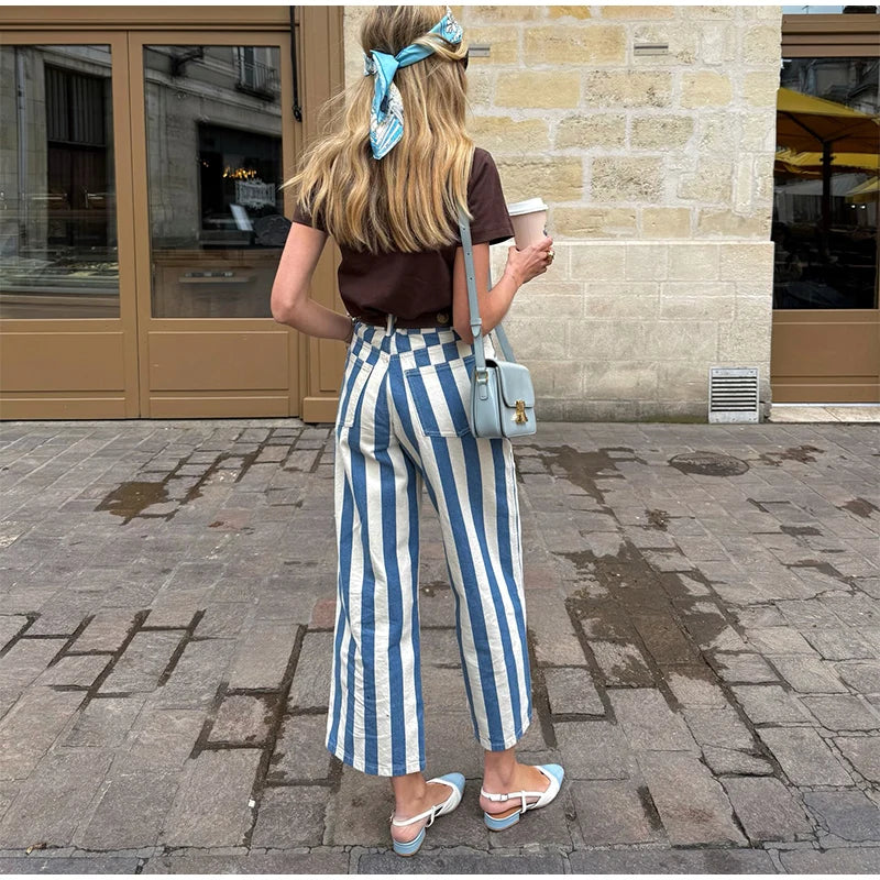 Street Striped Jeans Women's High-Waist Pockets Wide-Leg Trouser 2026 Spring Summer Retro Multicolor Vertical Stripe Denim Pant