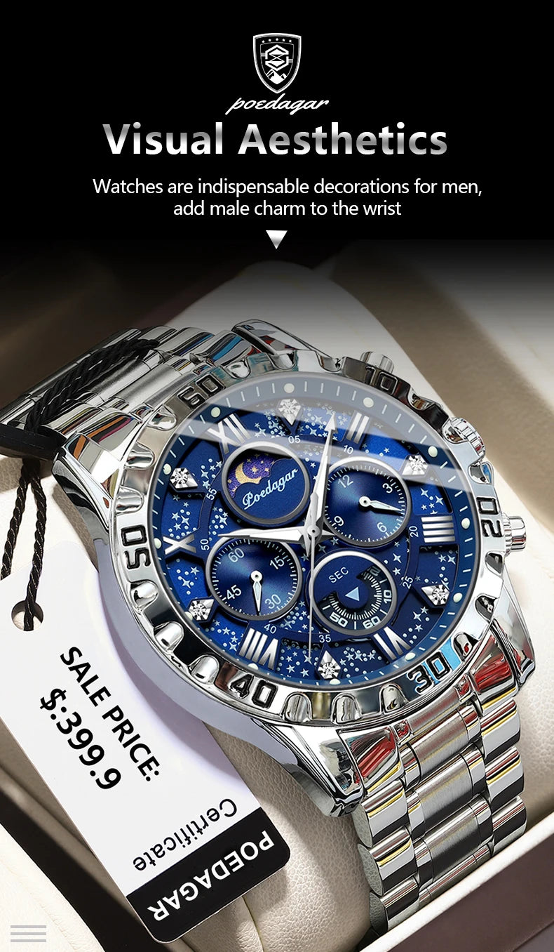 POEDAGAR Trendy Men Watch Chronograph Waterproof Luminous Stainless Steel Man Wristwatch Luxury Business Quartz Watches For Men