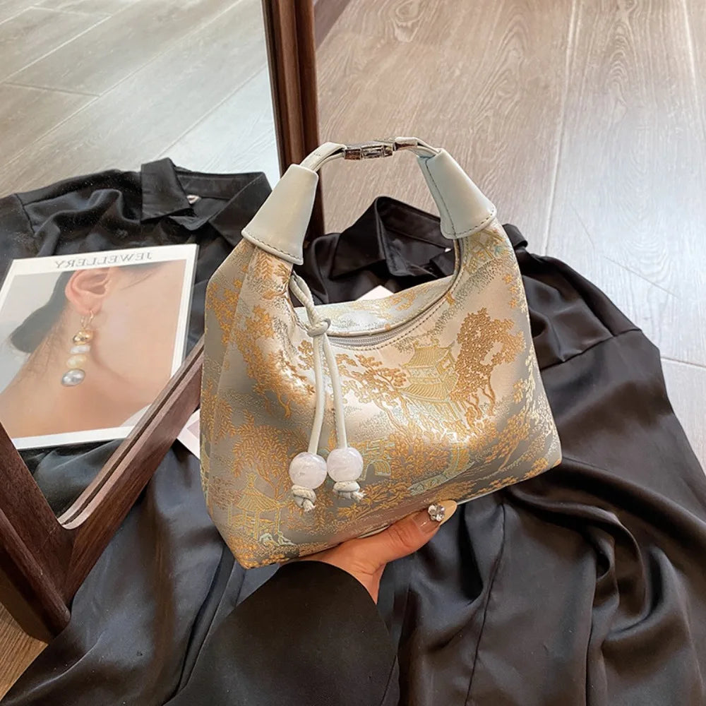 Fashion Embroidered Chinese Style Handbag Canvas Zipper Pea Purses Luxury Adjustable Cheongsam Bag Women