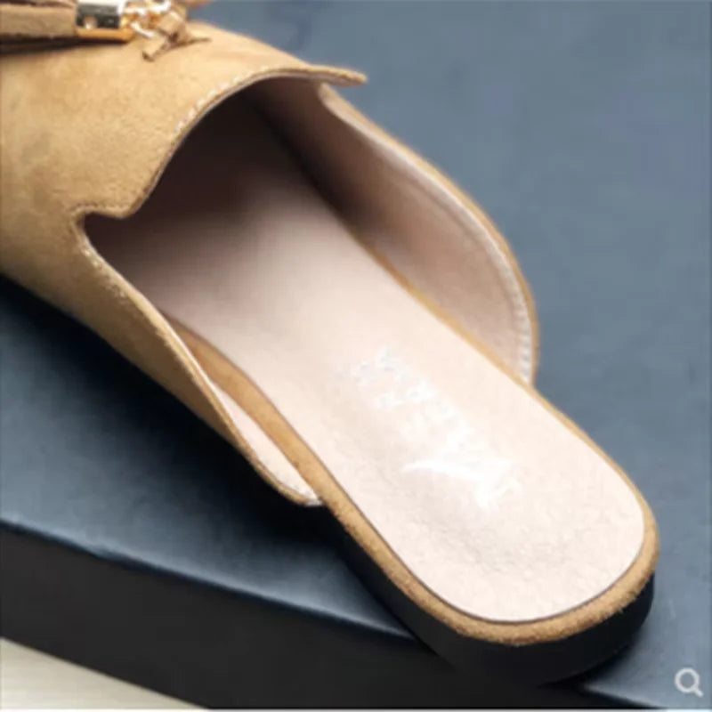 Women Metal Fringe Slippers Flock Shoes Front Closed Toe Khaki Purple Slide For Small And Wide Feet 44-33 22cm Comfortable Tacon