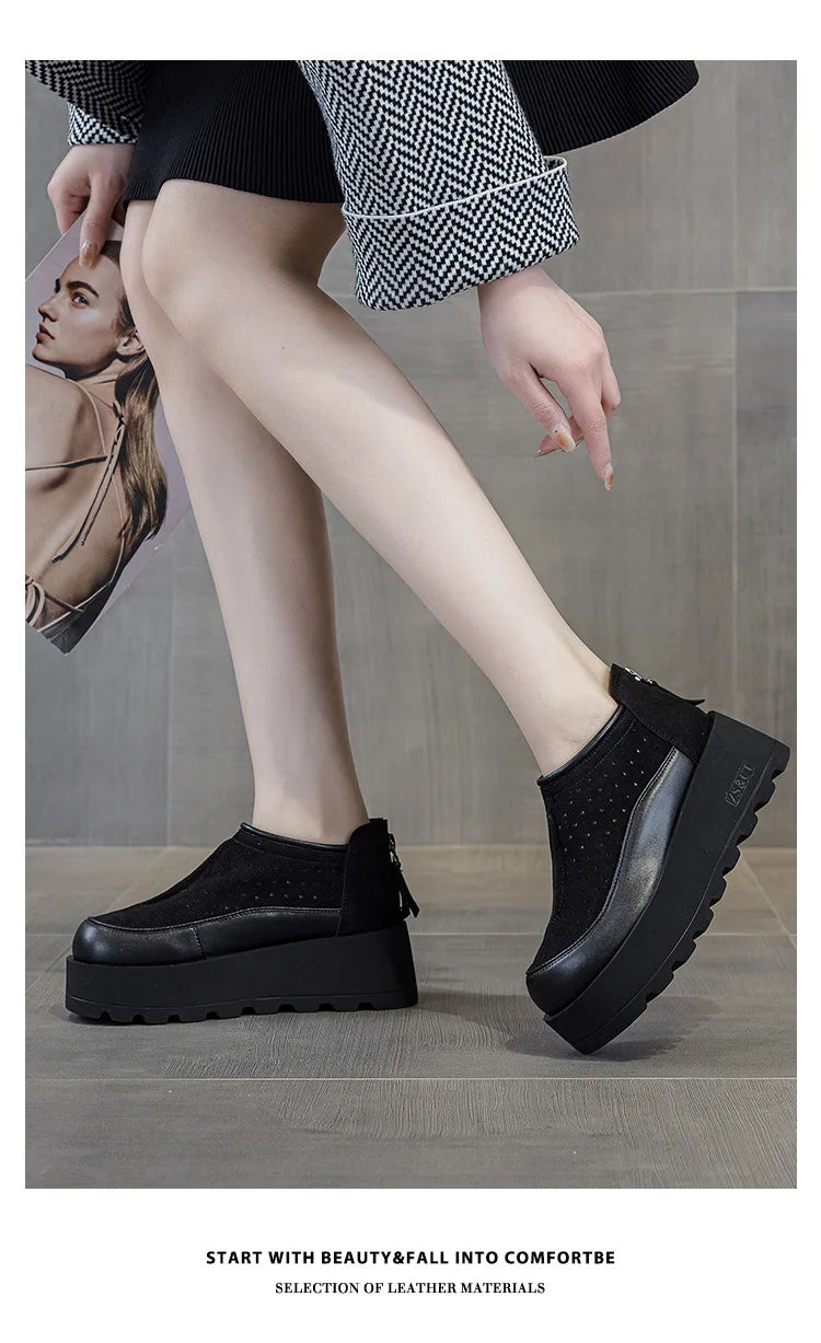 Fujin 6CM Suede Cow Genuine Leather Moccasins Women Platform Wedge Flats Women Shoes Ankle Booties Females ZIP Pumps Shoes