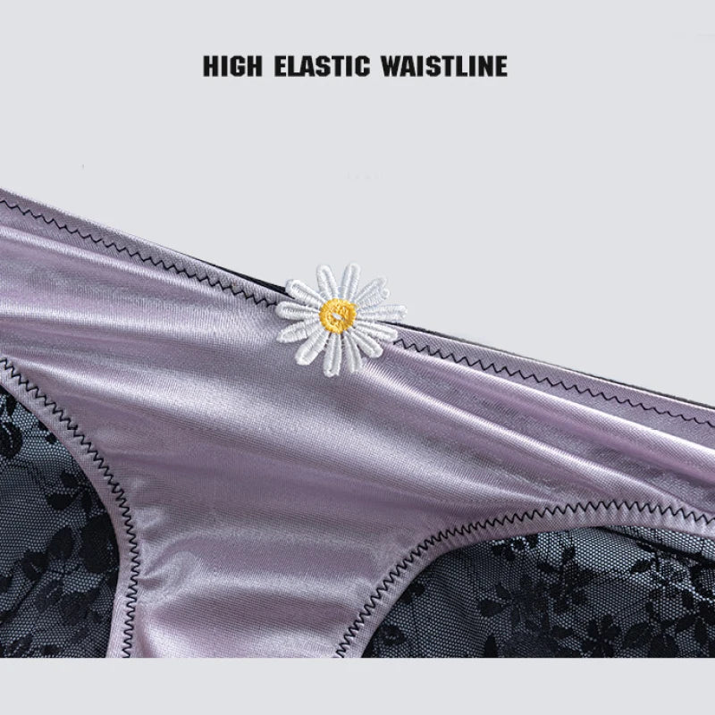 European Sizes Satin Luxury Style Women Sexy Low Waist V Shape Lace Flower Underwear Breathable High Stretch Soft Panties Breifs