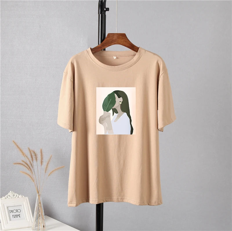 Hirsionsan Harajuku Printed T Shirt Women 2023 Summer Chic Tees 100% Cotton Elegant Graphic Clothes Loose Casual Pullover Tops