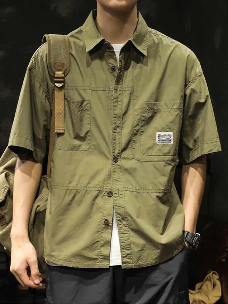 American Casual Short Sleeve Shirt For Men Summer Fashion Comfortable T-shirt 2026 New High Street Plain Lapel blouses hombre