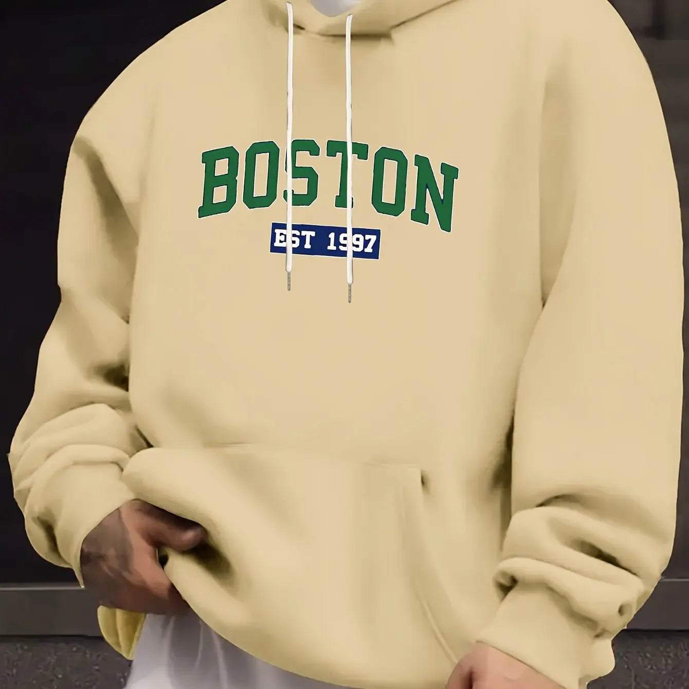 Men's autumn and winter casual fashion loose Boston est 1997 letter printed long sleeved warm hooded pullover