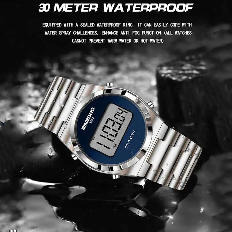 BINBOND New Men Electron Watch Luxury Stainless Steel LED Digital Waterproof Men Wristwatch Luminous Sports Clock Reloj Hombre