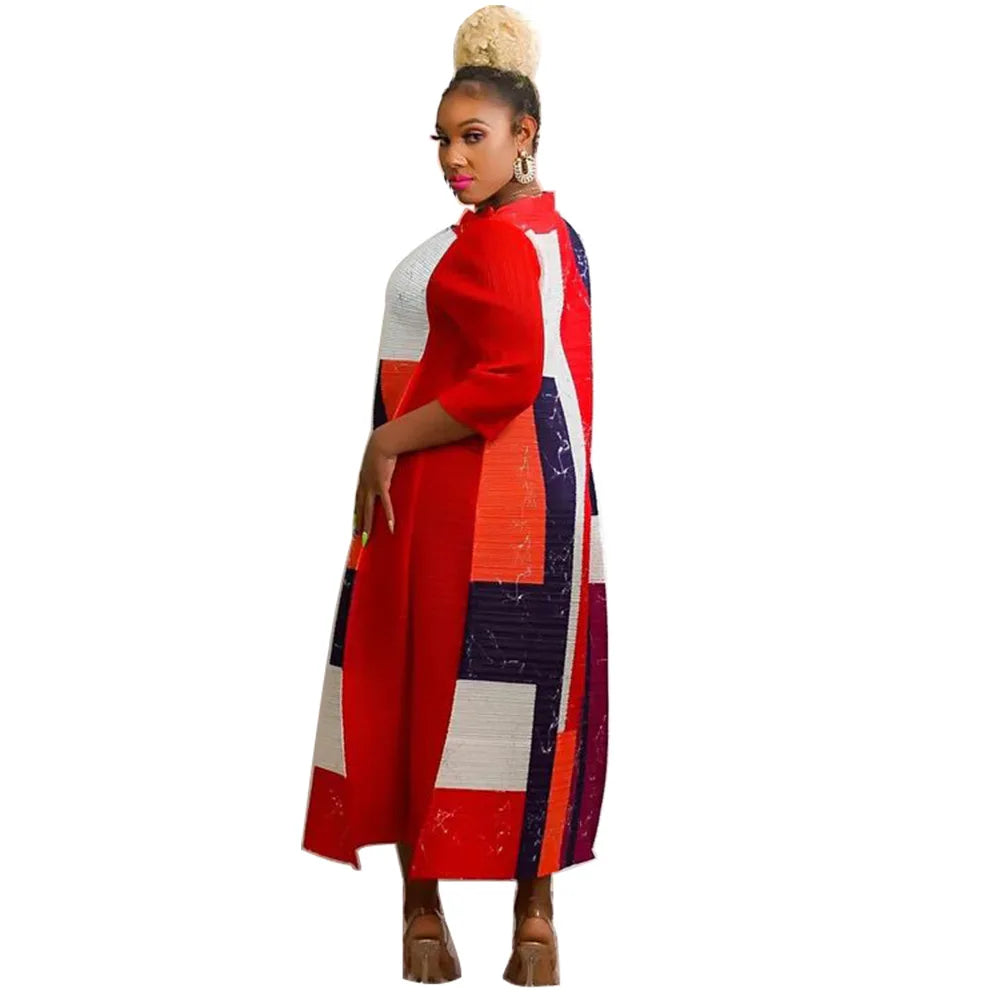African Dresses for Women Summer Fashion Style African 3/4 Sleeve Polyester O-neck Pleated Dress Dashiki African Clothes Women
