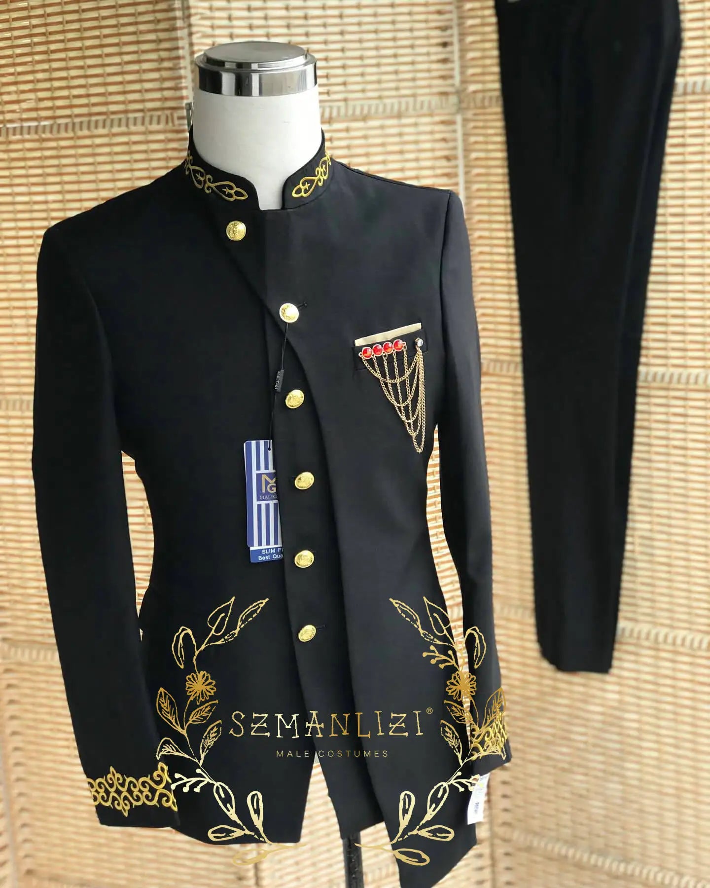 African Stand Collar Black Men Suits Appliques 2 Pieces Blazer+Pants Formal Groomsmen Wedding Tuxedos Costume Homme Mariage