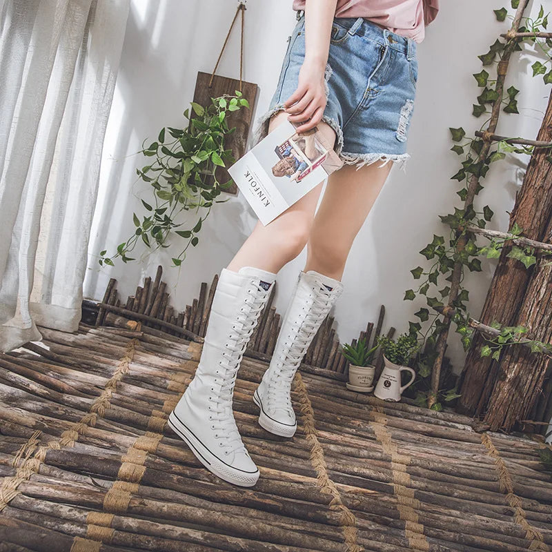 New Women's Canvas Boots Zip Shoes Comfortable Womens Shoes Flat High-top Female Sneakers Lace-up Knee-high Boots Bota Feminina